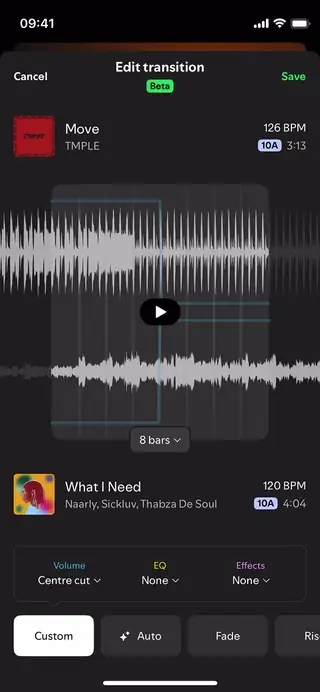 Screen capture: set to overlap, 3-Band-Fade, Center Bass Swap, Quick Bass Cut