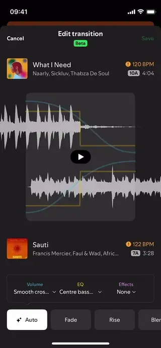 SScreen capture: no beat match, edit volume, EQ, effects